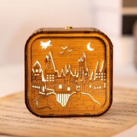 Small Night Light Wooden Paper Carved Touch Music Box (Option: Hogwarts)