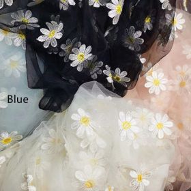 Yellow Chrysanthemum Mesh Embroidery Lace Fabric (Option: Blue-0.91x1.3M)